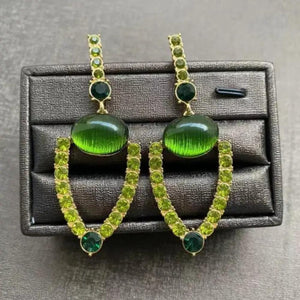 Veile Studios Medieval Vintage Green Textured Hollow Earrings With Exaggerated Diamond Inlay Design