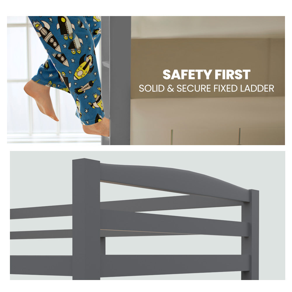 Kingston Slumber Single Bunk Bed Frame Solid Pine 2 In 1 Modular Design Converts To Beds For Kids Grey