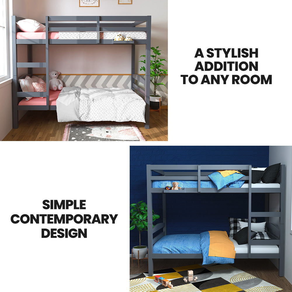 Kingston Slumber Single Bunk Bed Frame Solid Pine 2 In 1 Modular Design Converts To Beds For Kids Grey
