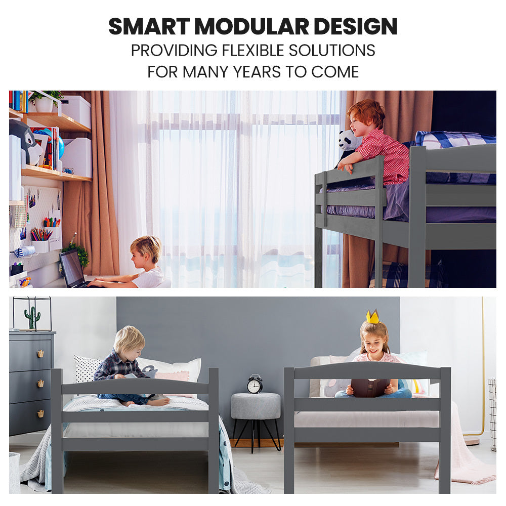 Kingston Slumber Single Bunk Bed Frame Solid Pine 2 In 1 Modular Design Converts To Beds For Kids Grey