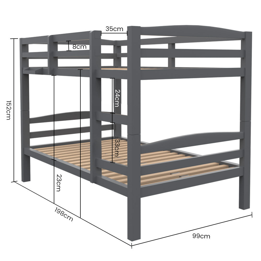 Kingston Slumber Single Bunk Bed Frame Solid Pine 2 In 1 Modular Design Converts To Beds For Kids Grey