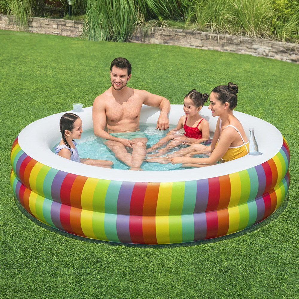 Bestway Kids Inflatable Round Pool Above Ground Cup Holder Rainbow 206X206x51cm