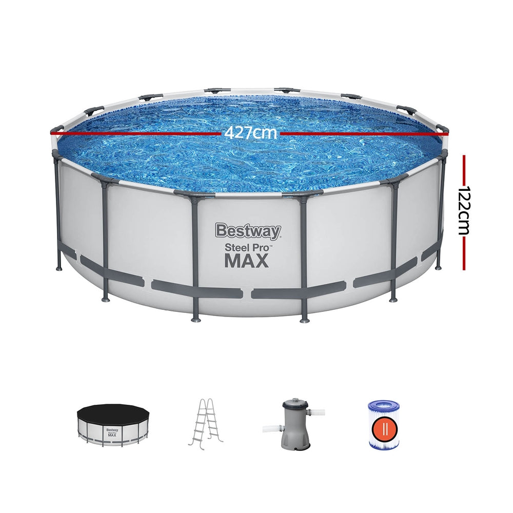 Bestway Swimming Pool 427X427x122cm Steel Frame Above Ground Pools Round Filter Pump Ladder