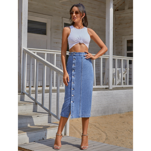 Button Irregular Slit Denim High Waist Skirt A Line Long For Women