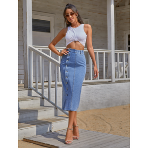 Button Irregular Slit Denim High Waist Skirt A Line Long For Women