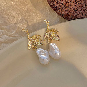 Veile Studios S925 Silver Needle French Vintage Metal Leaf Pearl Earrings For Women