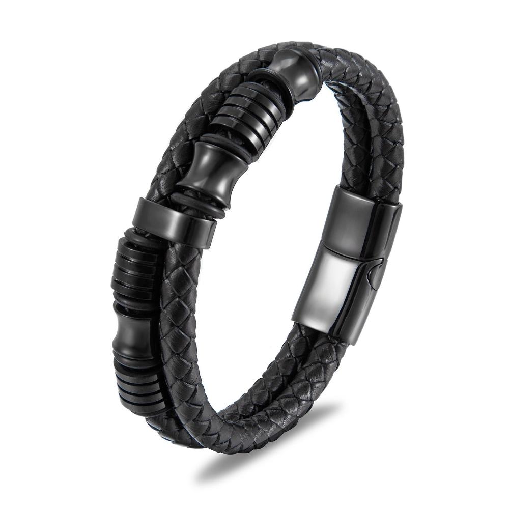 Veile Studios Black Leather Stainless Steel Mens Bracelet With Titanium And Rope