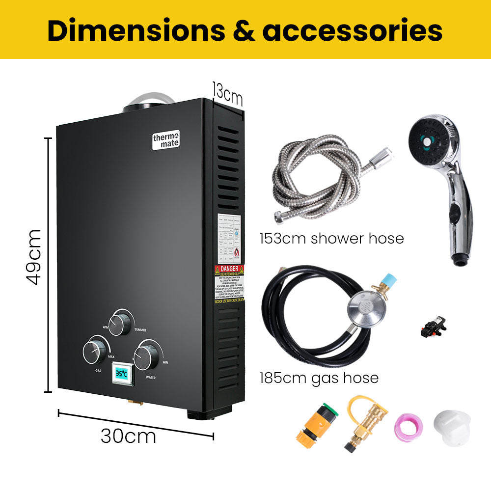 Thermomate Gas Outdoor Camping Hot Water Heater System With 12V Pump Shower Head Black