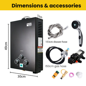 Thermomate Gas Outdoor Camping Hot Water Heater System With 12V Pump Shower Head Black
