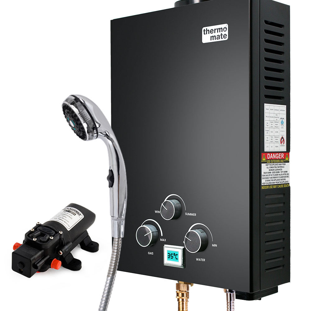 Thermomate Gas Outdoor Camping Hot Water Heater System With 12V Pump Shower Head Black