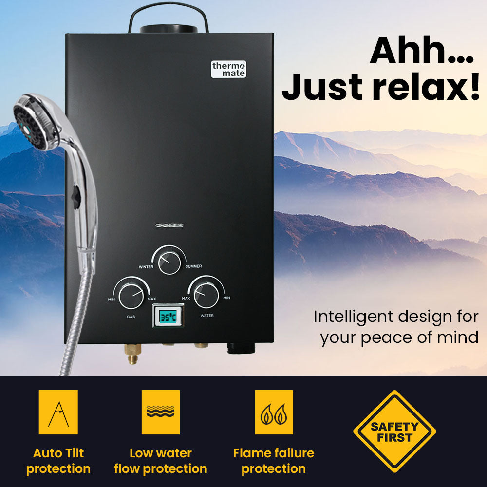 Thermomate Gas Outdoor Camping Hot Water Heater System With 12V Pump Shower Head Black