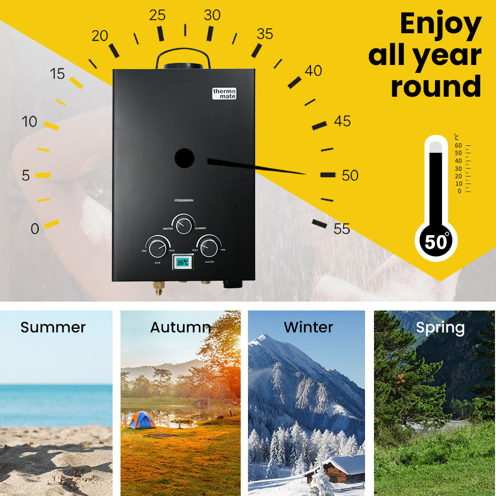 Thermomate Gas Outdoor Camping Hot Water Heater System With 12V Pump Shower Head Black