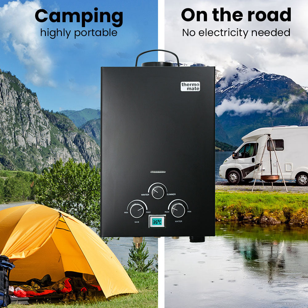 Thermomate Gas Outdoor Camping Hot Water Heater System With 12V Pump Shower Head Black