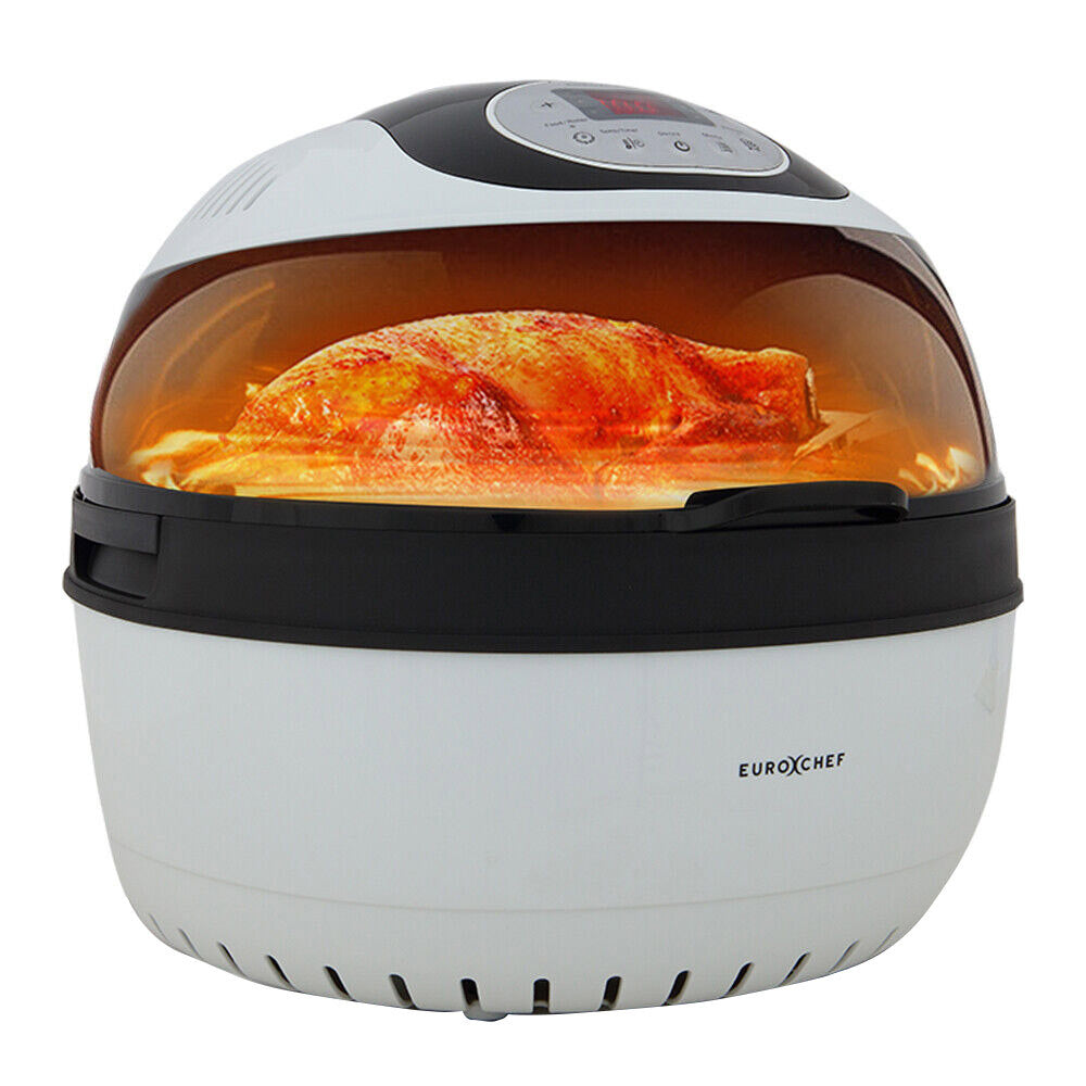 Eurochef 10L Electric Digital Air Fryer With Rotisserie Rotating Basket Rack And Tongs White