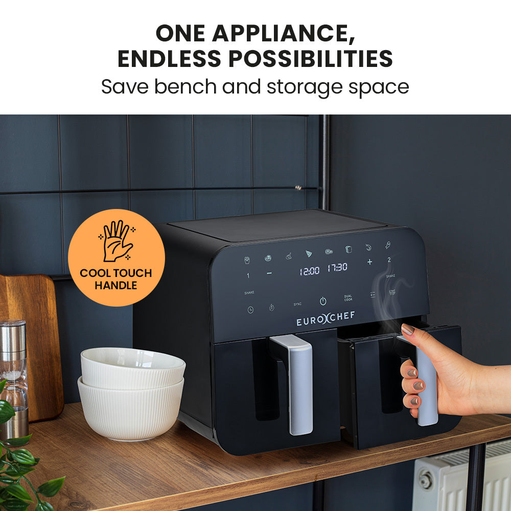 Eurochef 9L Dual Zone Air Fryer Electric Digital Airfryer Twin Drawers Black/Silver