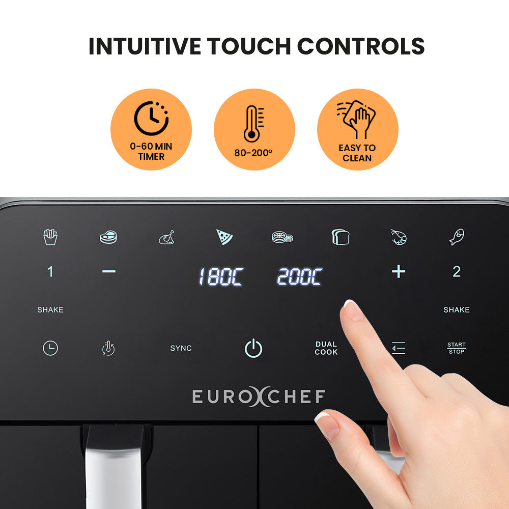 Eurochef 9L Dual Zone Air Fryer Electric Digital Airfryer Twin Drawers Black/Silver