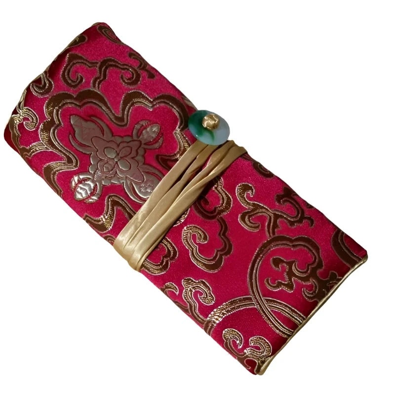 Veile Studios Chinese Silk Brocade Jewelry Roll Up Bags Travel Storage Pouch For Accessories