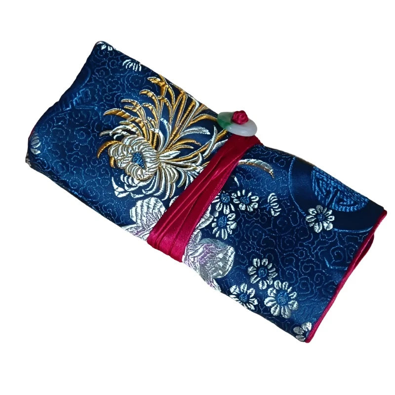 Veile Studios Chinese Silk Brocade Jewelry Roll Up Bags Travel Storage Pouch For Accessories