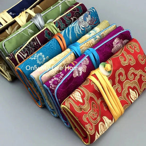 Veile Studios Chinese Silk Brocade Jewelry Roll Up Bags Travel Storage Pouch For Accessories