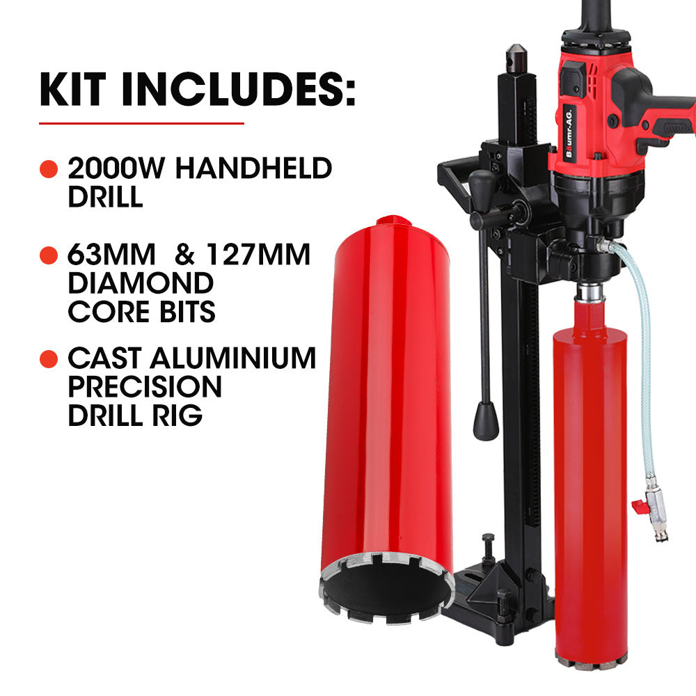 Baumr Ag 2000W 160Mm Handheld Core Drill W/Stand63mm & 127Mm Bit Combo For Concrete Coring Hole Drilling