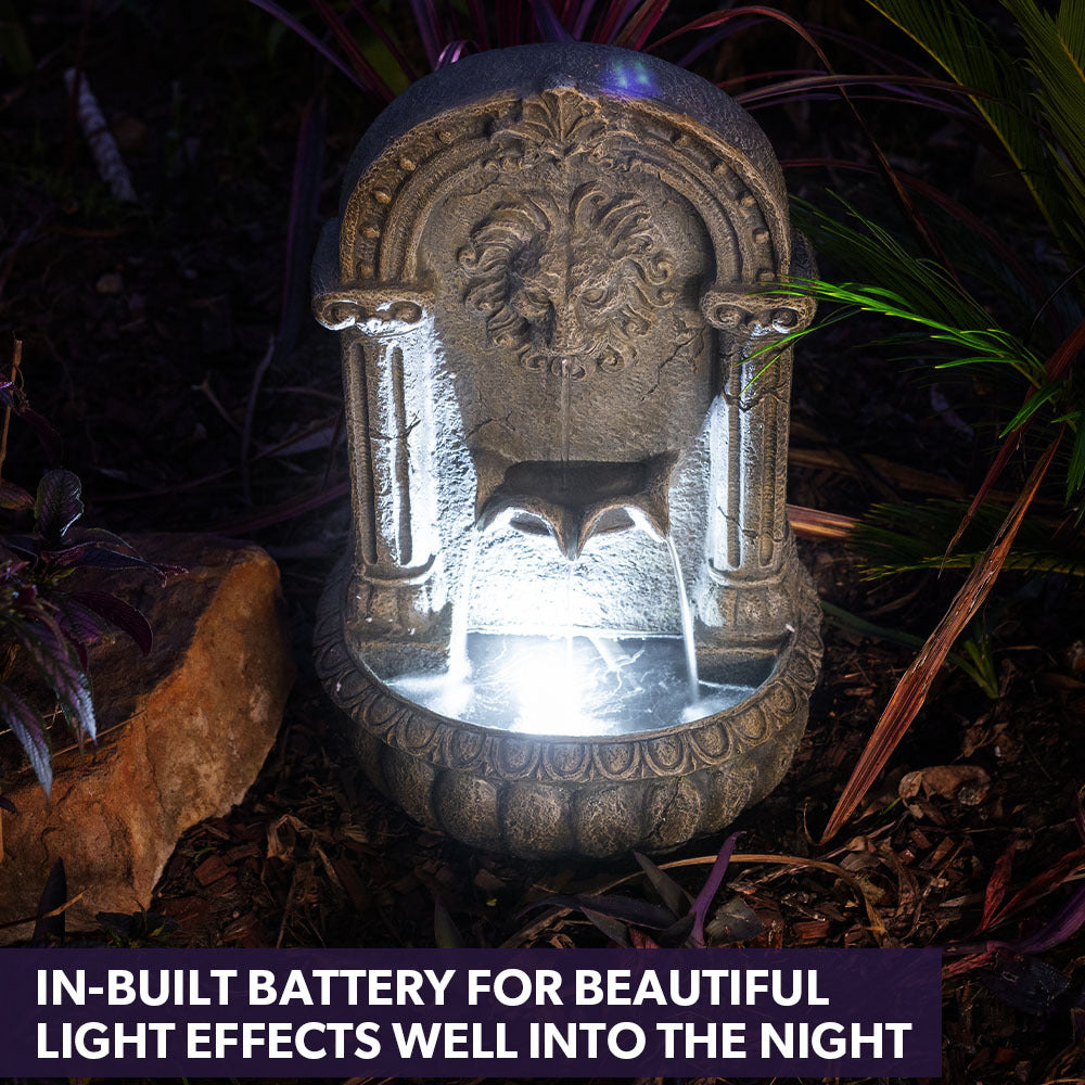 Protege Lion Head Solar Powered Water Feature Fountain Traditional Design With Panel Kit Led Lights