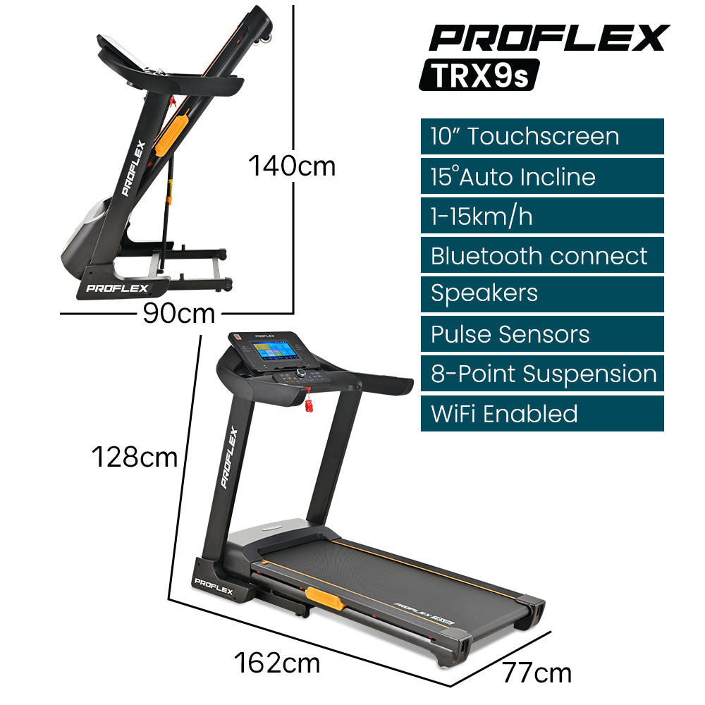 Proflex Trx9s Electric Treadmill Large Size 450Mm Belt 10 Inch Display Foldable Suspension Auto Incline Wifi Bluetooth P