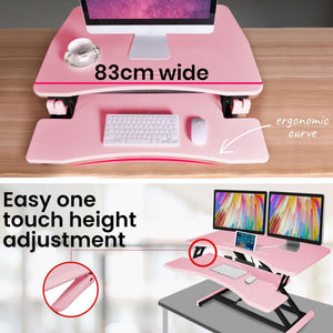 Fortia Desk Riser 77Cm Wide Adjustable Sit To Stand Dual Monitor Keyboard Laptop Pink