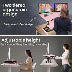 Fortia Desk Riser 77Cm Wide Adjustable Sit To Stand Dual Monitor Keyboard Laptop Pink