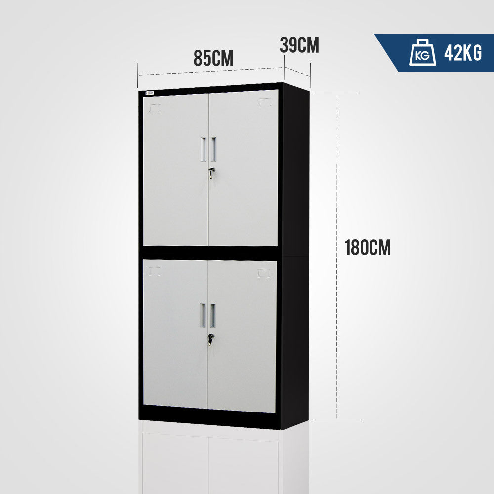 Fortia 4 Door Steel Stationery Cabinet Cam Locks Shelves Black And White