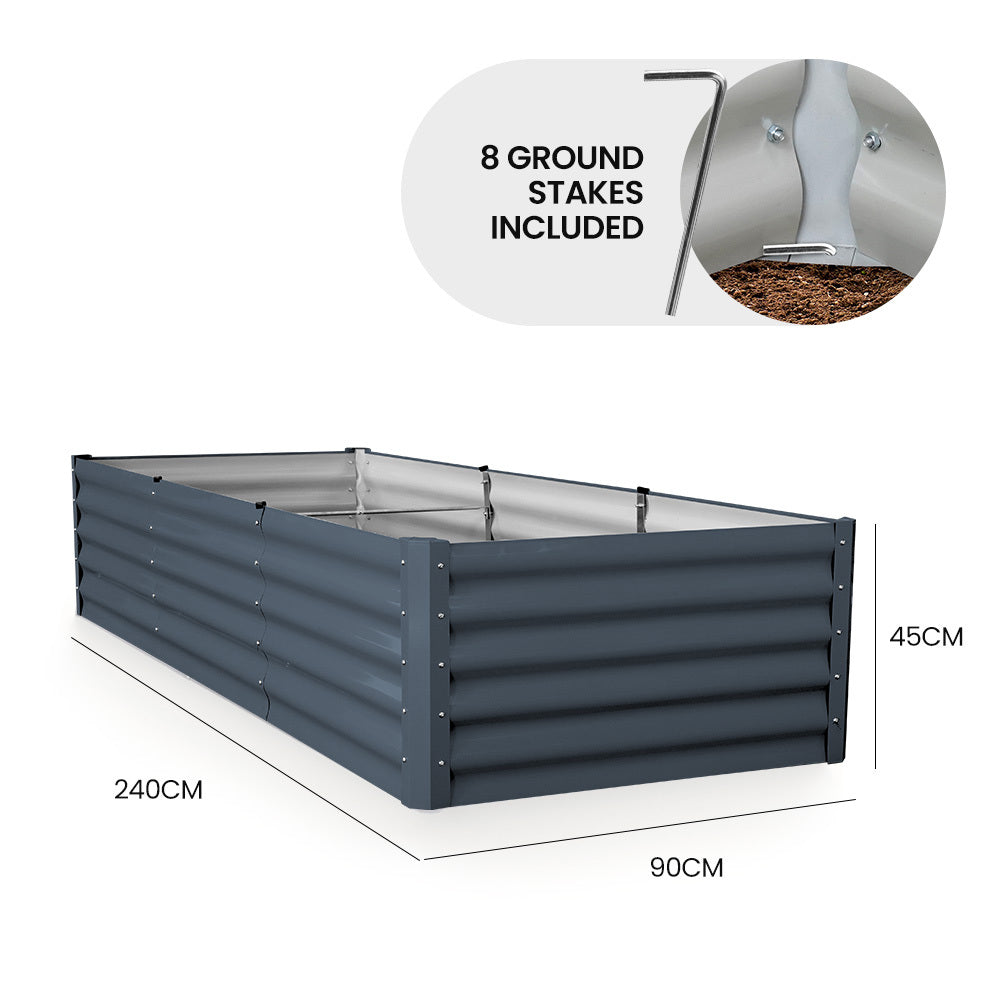 Plantcraft My Farm 240 X 90 45Cm Raised Garden Bed Rectangular Corrugated Metal With Ground Stakes Dark Grey