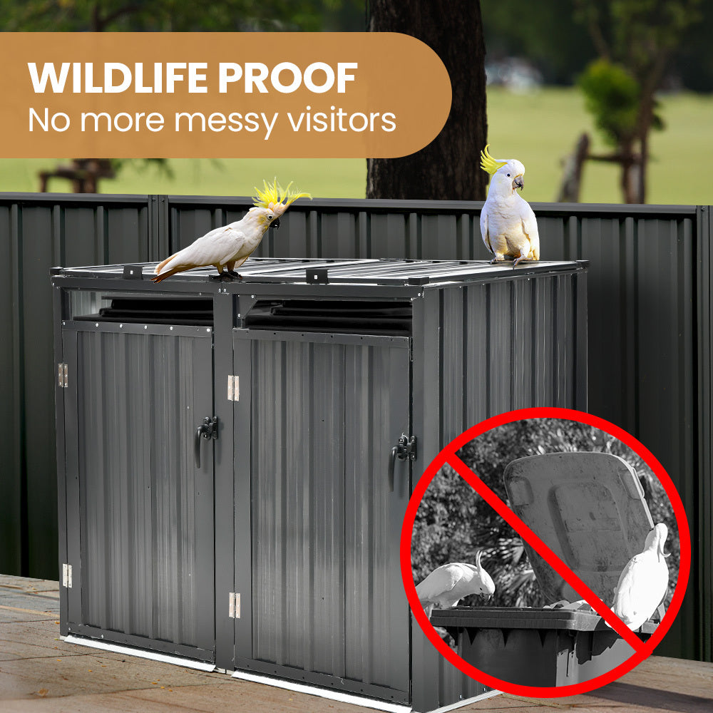 Plantcraft Double Steel Wheelie Garbage Bin Storage Shed Enclosure With 2 Opening Doors