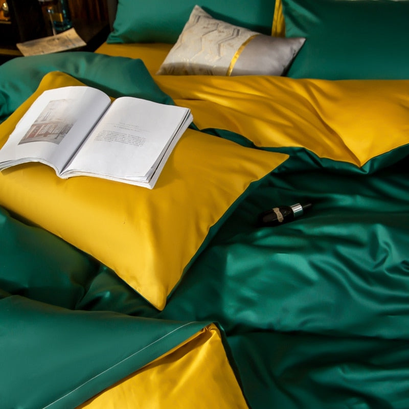 Duvet Comforter Set Full Deep Green Yellow Egyptian Cotton Thick Blanket Bedspread