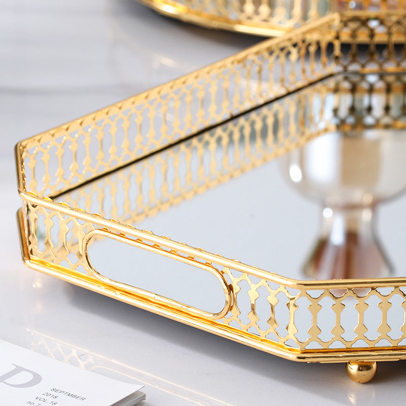 35Cm Gold Rectangle Glass Mirror Base Metal Vanity Food Serving Organiser Tray