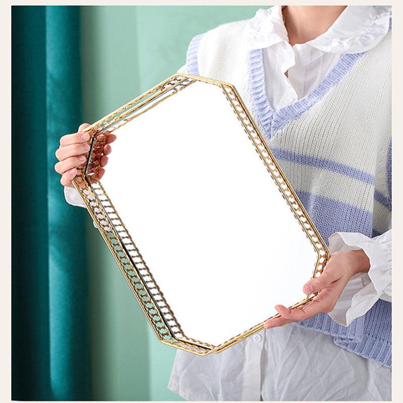 35Cm Gold Rectangle Glass Mirror Base Metal Vanity Food Serving Organiser Tray