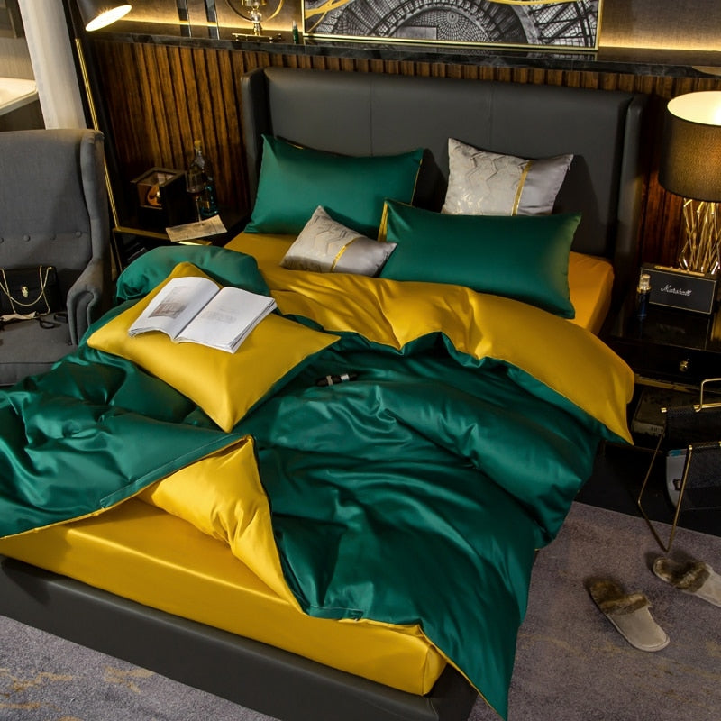 Duvet Comforter Set Full Deep Green Yellow Egyptian Cotton Thick Blanket Bedspread