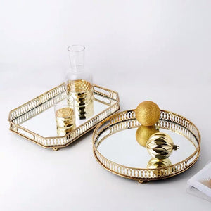 25Cm Gold Round Glass Mirror Base Metal Vanity Food Serving Organizer Tray