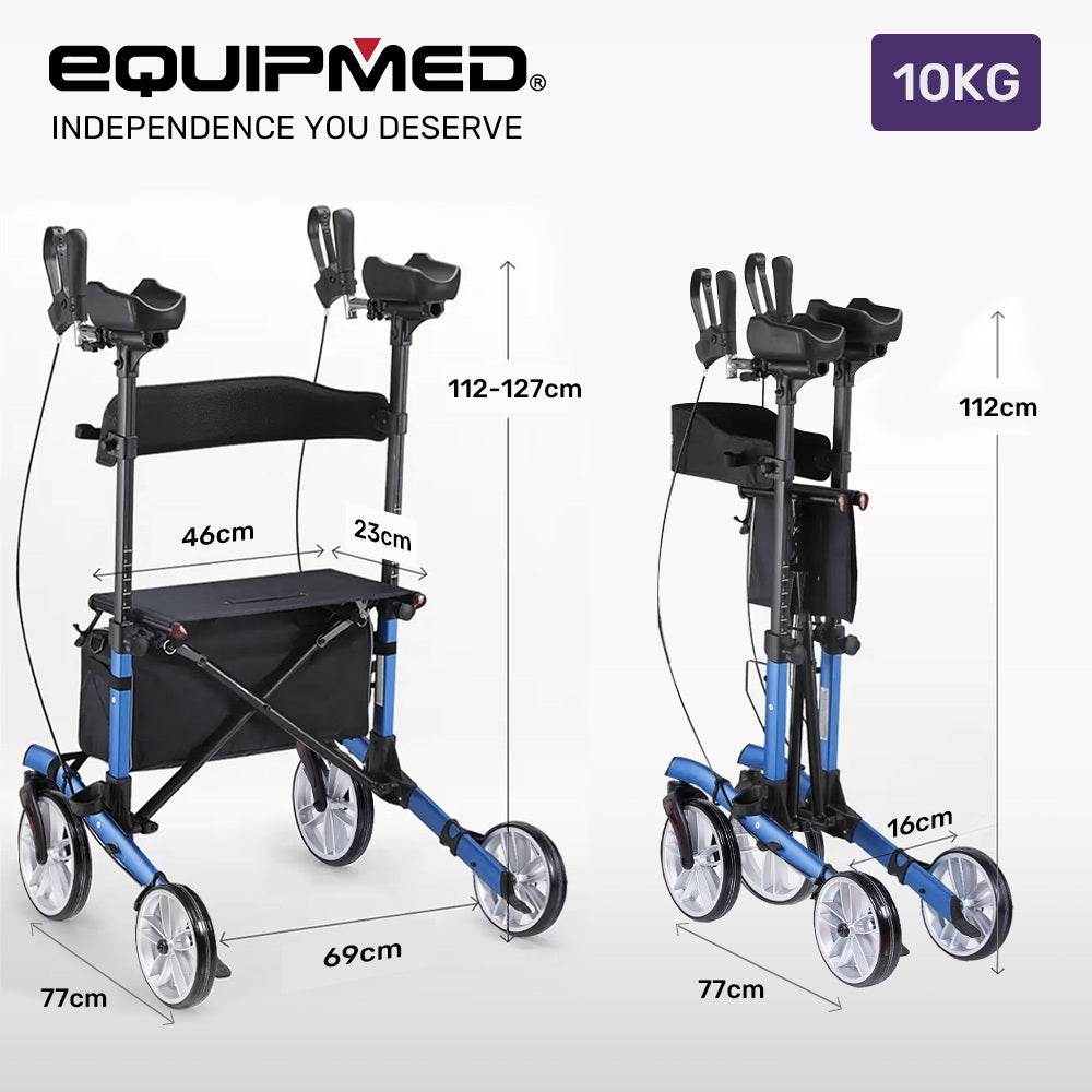 Equipmed Upright Rollator Walker With Forearm Support Rests Mobilty Aid Seat Blue
