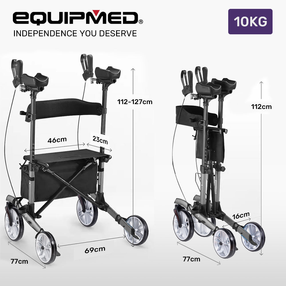 Equipmed Upright Rollator Walker With Forearm Rest Supports Mobilty Aid Seat Grey