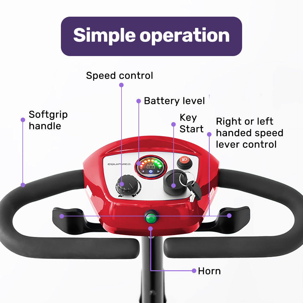 Equipmed Freeroam+ Mid Sized Foldable Electric Lithium Mobility Scooter Red