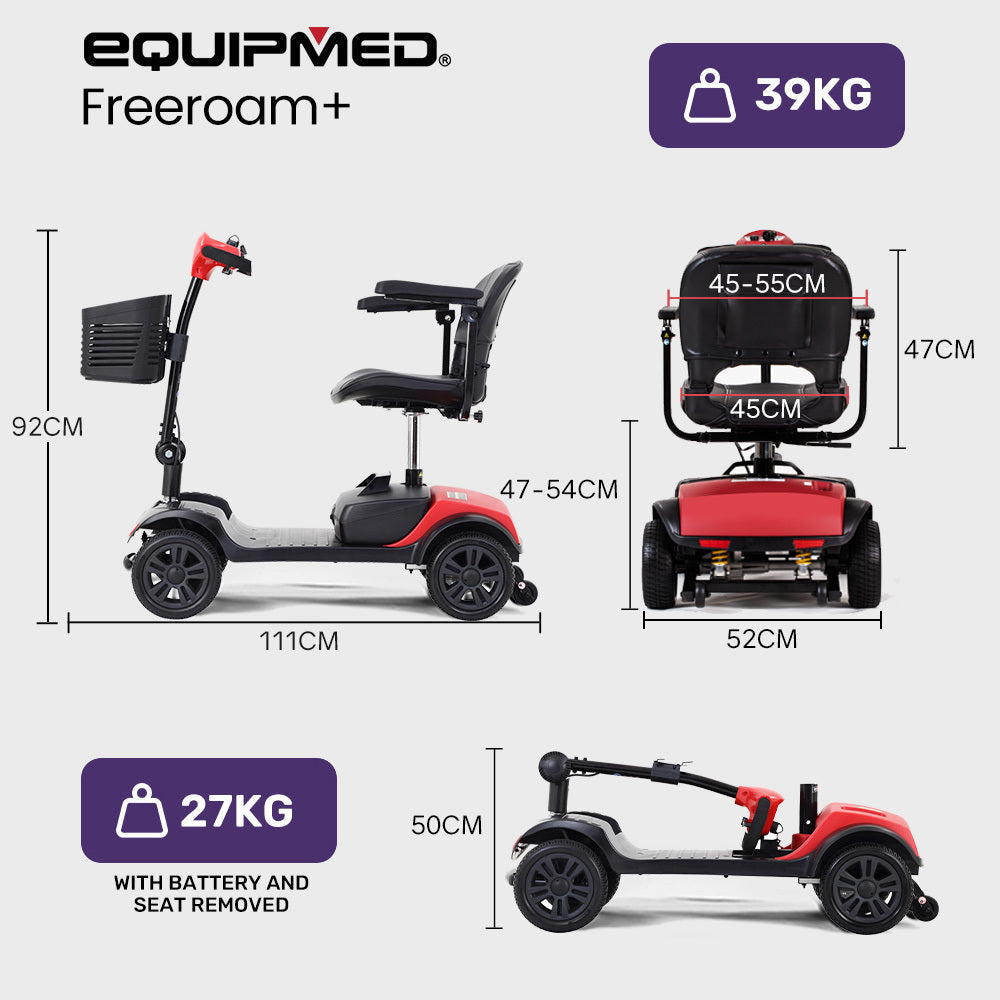 Equipmed Freeroam+ Mid Sized Foldable Electric Lithium Mobility Scooter Red
