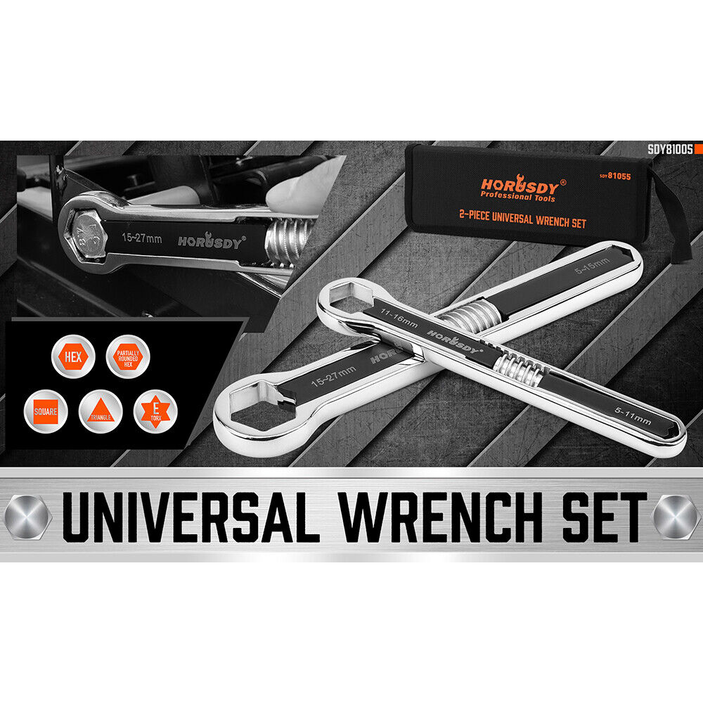 Horusdy 2Pcs Universal Wrench Set Sae & Metric Spanner Hex E Torx Triangle