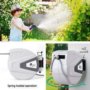 Green Fingers 30M Water Hose Reel Retractable Auto Rewind Wall Mount Garden Spray Gun