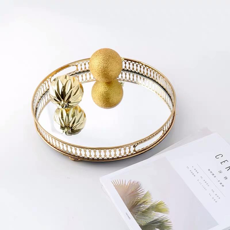 25Cm Gold Round Glass Mirror Base Metal Vanity Food Serving Organizer Tray