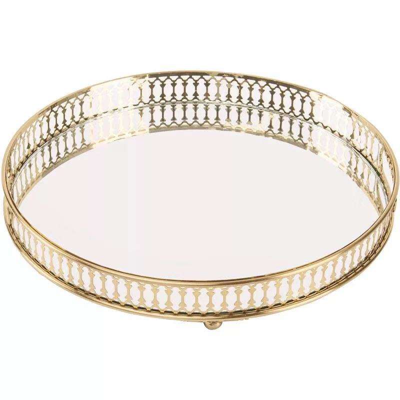 25Cm Gold Round Glass Mirror Base Metal Vanity Food Serving Organizer Tray