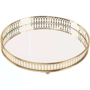 25Cm Gold Round Glass Mirror Base Metal Vanity Food Serving Organizer Tray