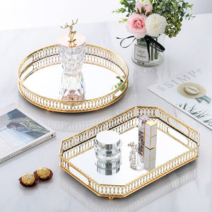 35Cm Gold Rectangle Glass Mirror Base Metal Vanity Food Serving Organiser Tray