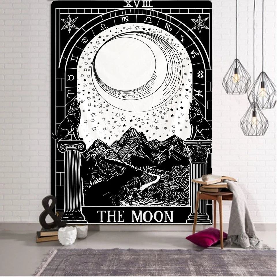 Tapestry Black The Moon 230X150 Cm Tarot Card Psychedelic Scene Art Decoration