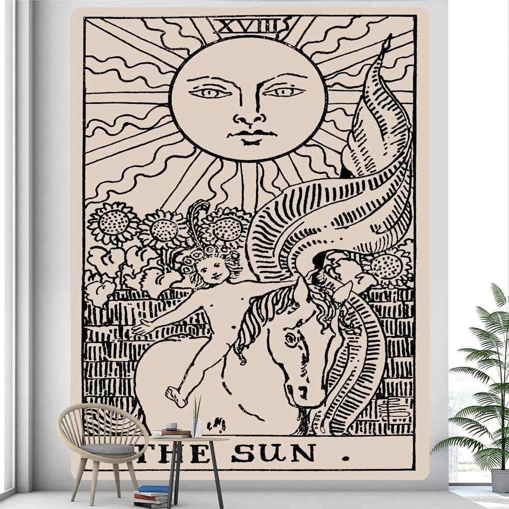 Tapestry Beige The Sun 95X70 Cm Tarot Card Psychedelic Scene Art Decoration