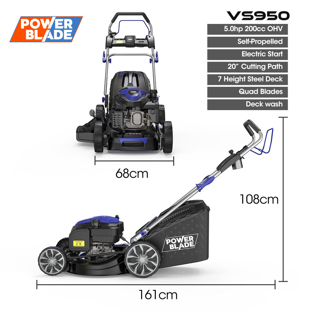 Powerblade 20' 200Cc Self Propelled Lawn Mower Electric Start 7 Height Steel Deck Wash Port Ohv 4 Stroke Petrol Vs950