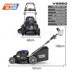 Powerblade 20' 200Cc Self Propelled Lawn Mower Electric Start 7 Height Steel Deck Wash Port Ohv 4 Stroke Petrol Vs950